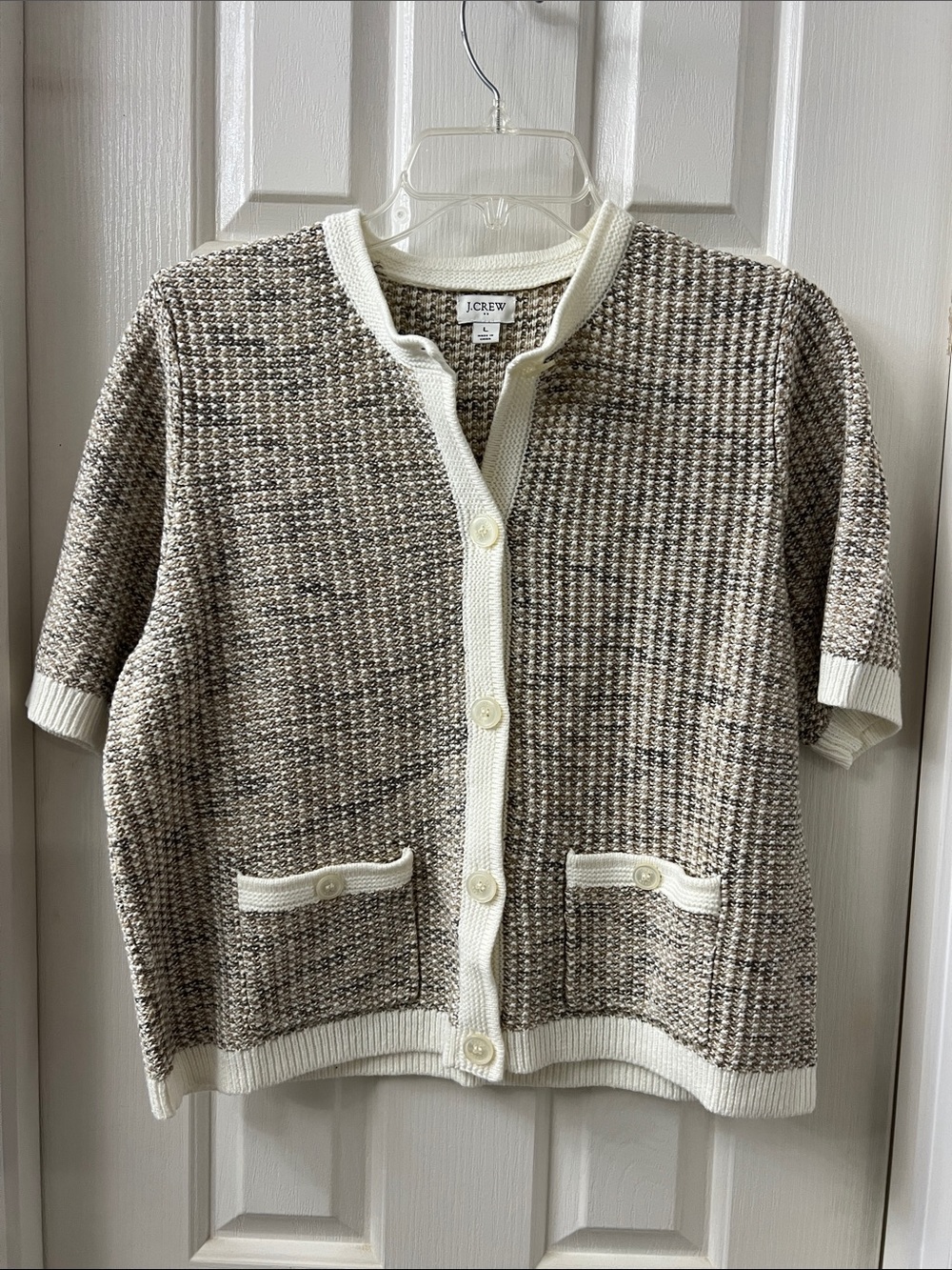 J. Crew Cream and Brown Tweed Short-Sleeve Cardigan